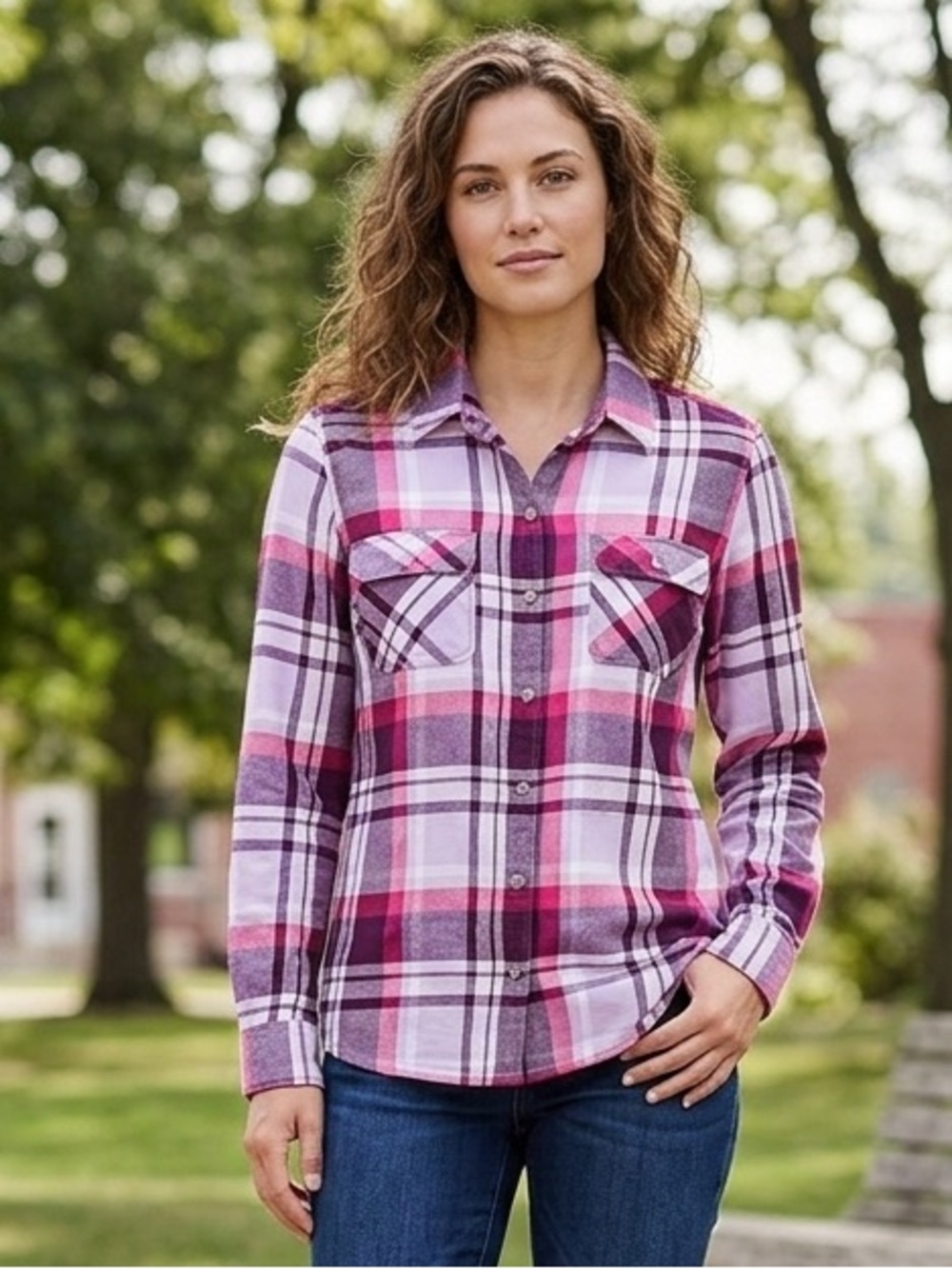 Women’s Eddie Bauer Plaid Button-Up Shirt Flannel Long Sleeve Size Large Purple